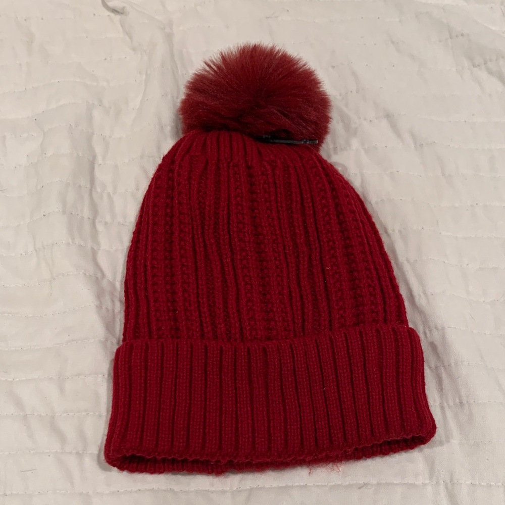 Red Knit Beanie with Pom Pom